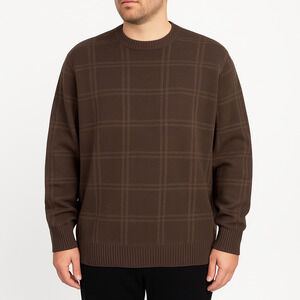 Oscar‎ De La Renta Brown Plaid Ribbed Cuffs Crew Neck Long Sleeve Sweater XXL